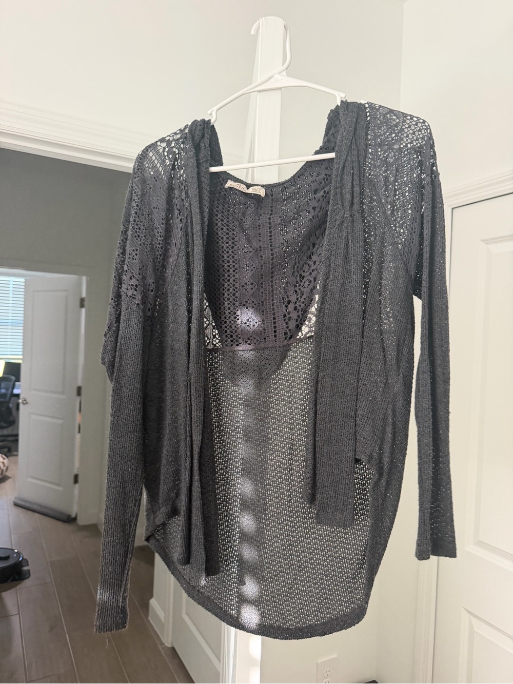 Hollister Charcoal Open-Knit Hooded Cardigan
